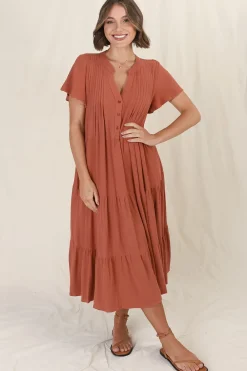 Peggy Midi Dress - Relaxed Mandarin Collar Pleated Bust Tiered Linen Dress in Rust>Salty Crush Best