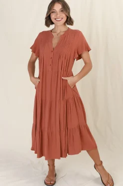 Peggy Midi Dress - Relaxed Mandarin Collar Pleated Bust Tiered Linen Dress in Rust><noscript><img width=