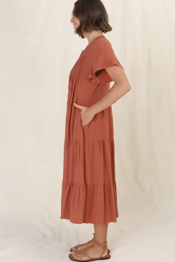 Peggy Midi Dress - Relaxed Mandarin Collar Pleated Bust Tiered Linen Dress in Rust><noscript><img width=