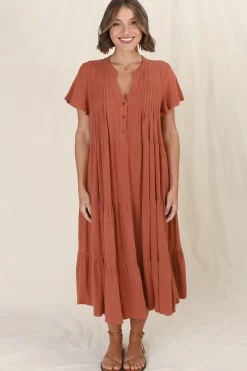 Peggy Midi Dress - Relaxed Mandarin Collar Pleated Bust Tiered Linen Dress in Rust><noscript><img width=