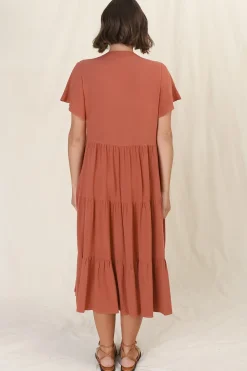 Peggy Midi Dress - Relaxed Mandarin Collar Pleated Bust Tiered Linen Dress in Rust><noscript><img width=