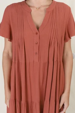 Peggy Midi Dress - Relaxed Mandarin Collar Pleated Bust Tiered Linen Dress in Rust><noscript><img width=