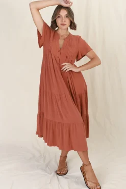 Peggy Midi Dress - Relaxed Mandarin Collar Pleated Bust Tiered Linen Dress in Rust><noscript><img width=