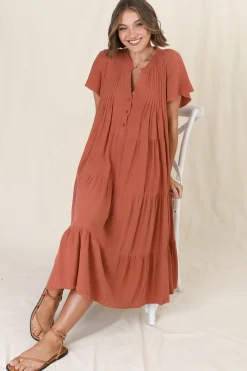 Peggy Midi Dress - Relaxed Mandarin Collar Pleated Bust Tiered Linen Dress in Rust><noscript><img width=