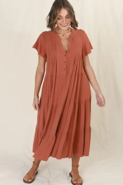 Peggy Midi Dress - Relaxed Mandarin Collar Pleated Bust Tiered Linen Dress in Rust><noscript><img width=