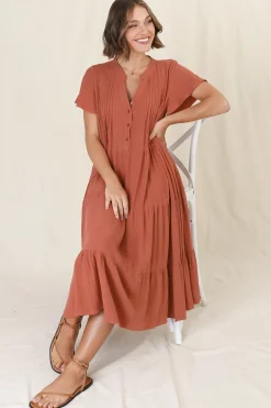 Peggy Midi Dress - Relaxed Mandarin Collar Pleated Bust Tiered Linen Dress in Rust><noscript><img width=