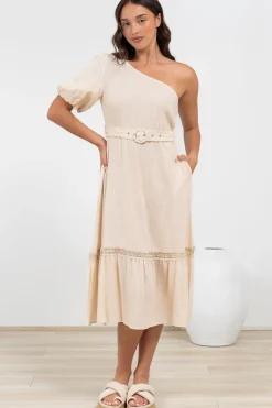 Penelope Midi Dress - Asymmetric One Shoulder Dress with Matching Belt in Oatmeal><noscript><img width=