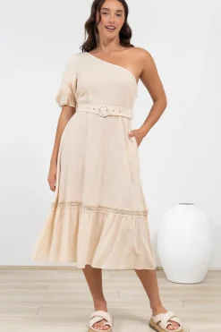 Penelope Midi Dress - Asymmetric One Shoulder Dress with Matching Belt in Oatmeal><noscript><img width=