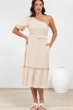 Penelope Midi Dress - Asymmetric One Shoulder Dress with Matching Belt in Oatmeal><noscript><img width=
