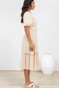 Penelope Midi Dress - Asymmetric One Shoulder Dress with Matching Belt in Oatmeal><noscript><img width=