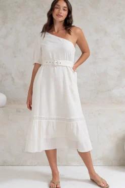 Penelope Midi Dress - Asymmetric One Shoulder Dress with Matching Belt in White>Salty Crush Hot