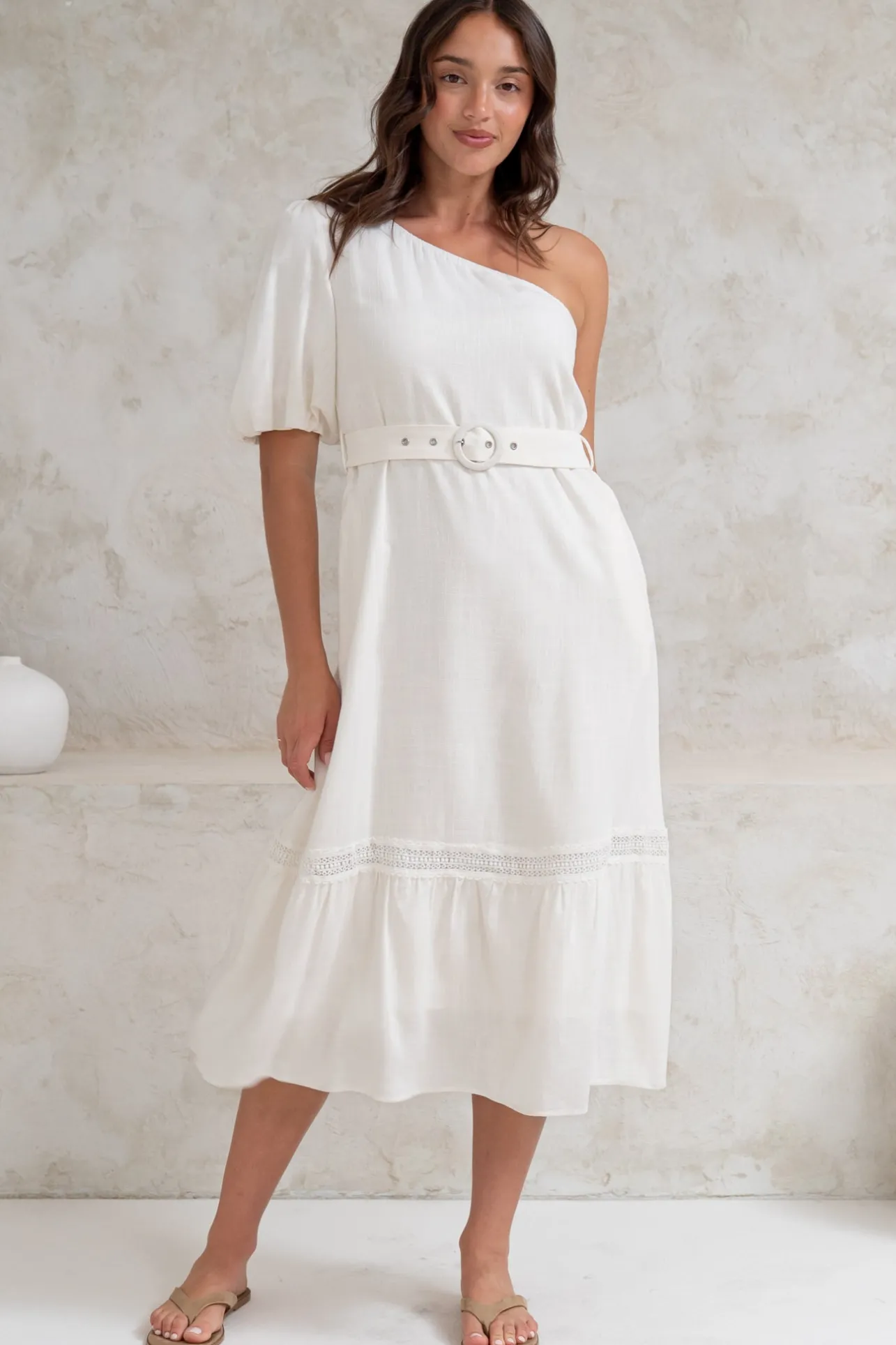 Penelope Midi Dress - Asymmetric One Shoulder Dress with Matching Belt in White>Salty Crush Hot