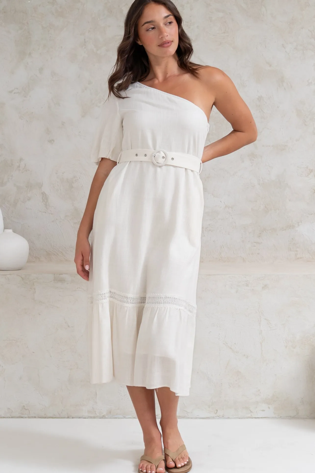 Penelope Midi Dress - Asymmetric One Shoulder Dress with Matching Belt in White>Salty Crush Hot