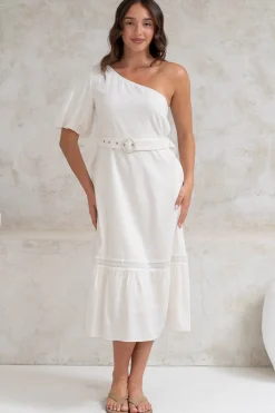 Penelope Midi Dress - Asymmetric One Shoulder Dress with Matching Belt in White><noscript><img width=