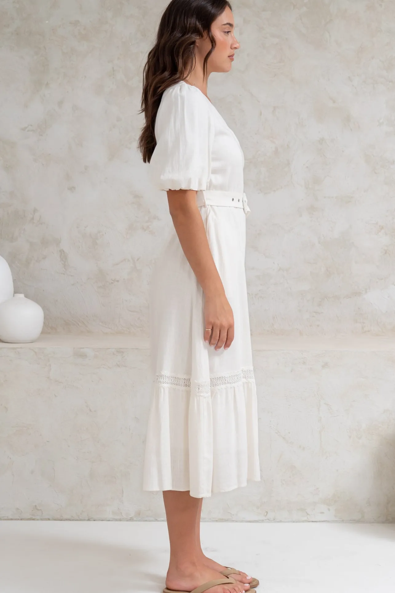 Penelope Midi Dress - Asymmetric One Shoulder Dress with Matching Belt in White>Salty Crush Hot