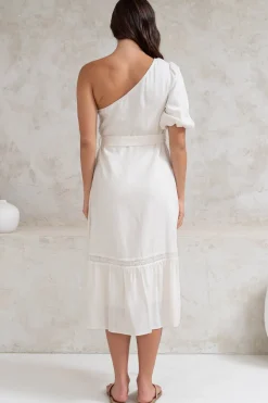 Penelope Midi Dress - Asymmetric One Shoulder Dress with Matching Belt in White><noscript><img width=