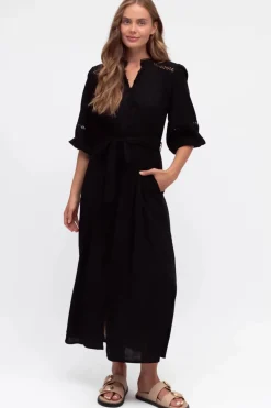 Pennelope Midi Dress - Mandarin Collar Lattice Detailing Dress with Belt in Black>Salty Crush