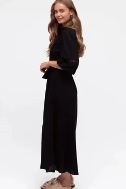 Pennelope Midi Dress - Mandarin Collar Lattice Detailing Dress with Belt in Black>Salty Crush