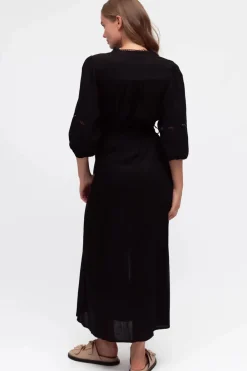 Pennelope Midi Dress - Mandarin Collar Lattice Detailing Dress with Belt in Black><noscript><img width=
