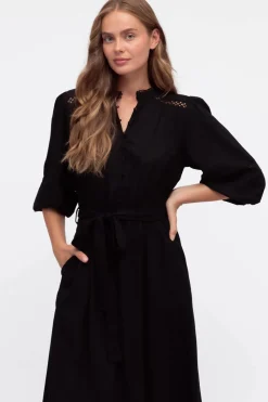Pennelope Midi Dress - Mandarin Collar Lattice Detailing Dress with Belt in Black><noscript><img width=