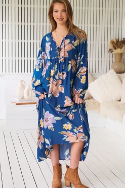 Penny Midi Dress - Double Neck Tie Smock Dress in Georgia Blue Print>Jaase Clearance