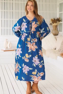 Penny Midi Dress - Double Neck Tie Smock Dress in Georgia Blue Print><noscript><img width=