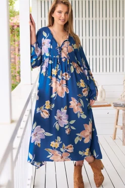 Penny Midi Dress - Double Neck Tie Smock Dress in Georgia Blue Print><noscript><img width=