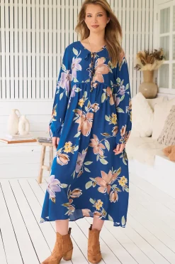 Penny Midi Dress - Double Neck Tie Smock Dress in Georgia Blue Print><noscript><img width=