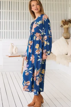 Penny Midi Dress - Double Neck Tie Smock Dress in Georgia Blue Print><noscript><img width=