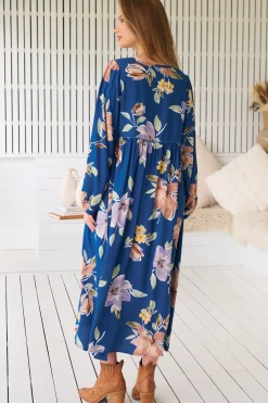 Penny Midi Dress - Double Neck Tie Smock Dress in Georgia Blue Print><noscript><img width=