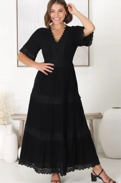 Peony Maxi Dress - Lace Detailed A Line Dress with Flute Sleeves in Black>Salty Crush