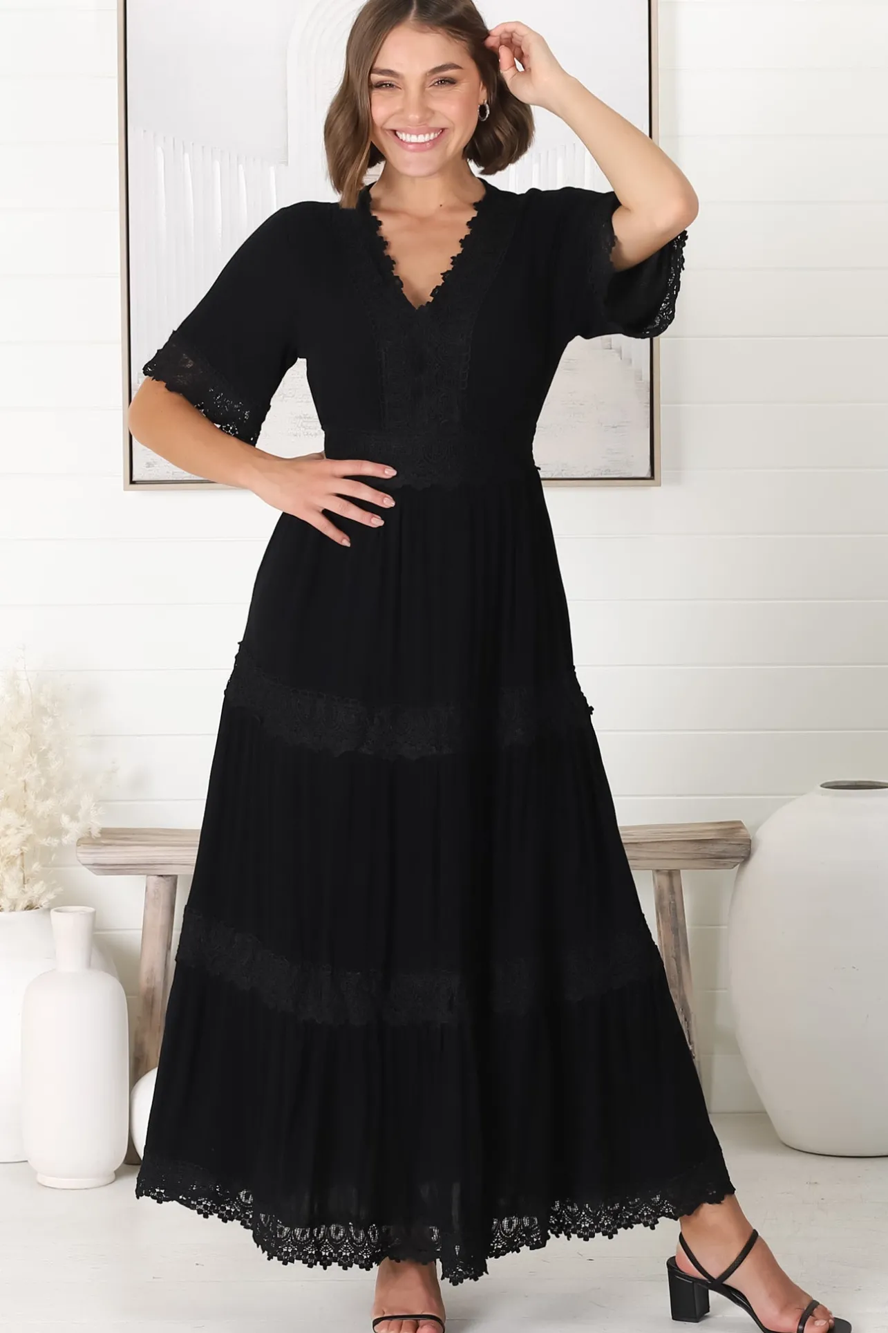 Peony Maxi Dress - Lace Detailed A Line Dress with Flute Sleeves in Black>Salty Crush