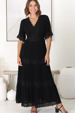 Peony Maxi Dress - Lace Detailed A Line Dress with Flute Sleeves in Black>Salty Crush