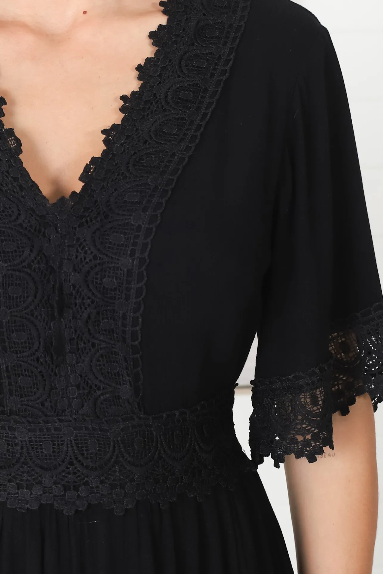 Peony Maxi Dress - Lace Detailed A Line Dress with Flute Sleeves in Black>Salty Crush