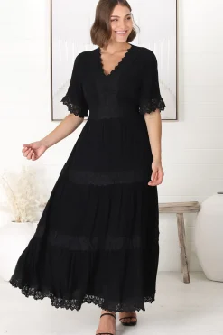 Peony Maxi Dress - Lace Detailed A Line Dress with Flute Sleeves in Black><noscript><img width=