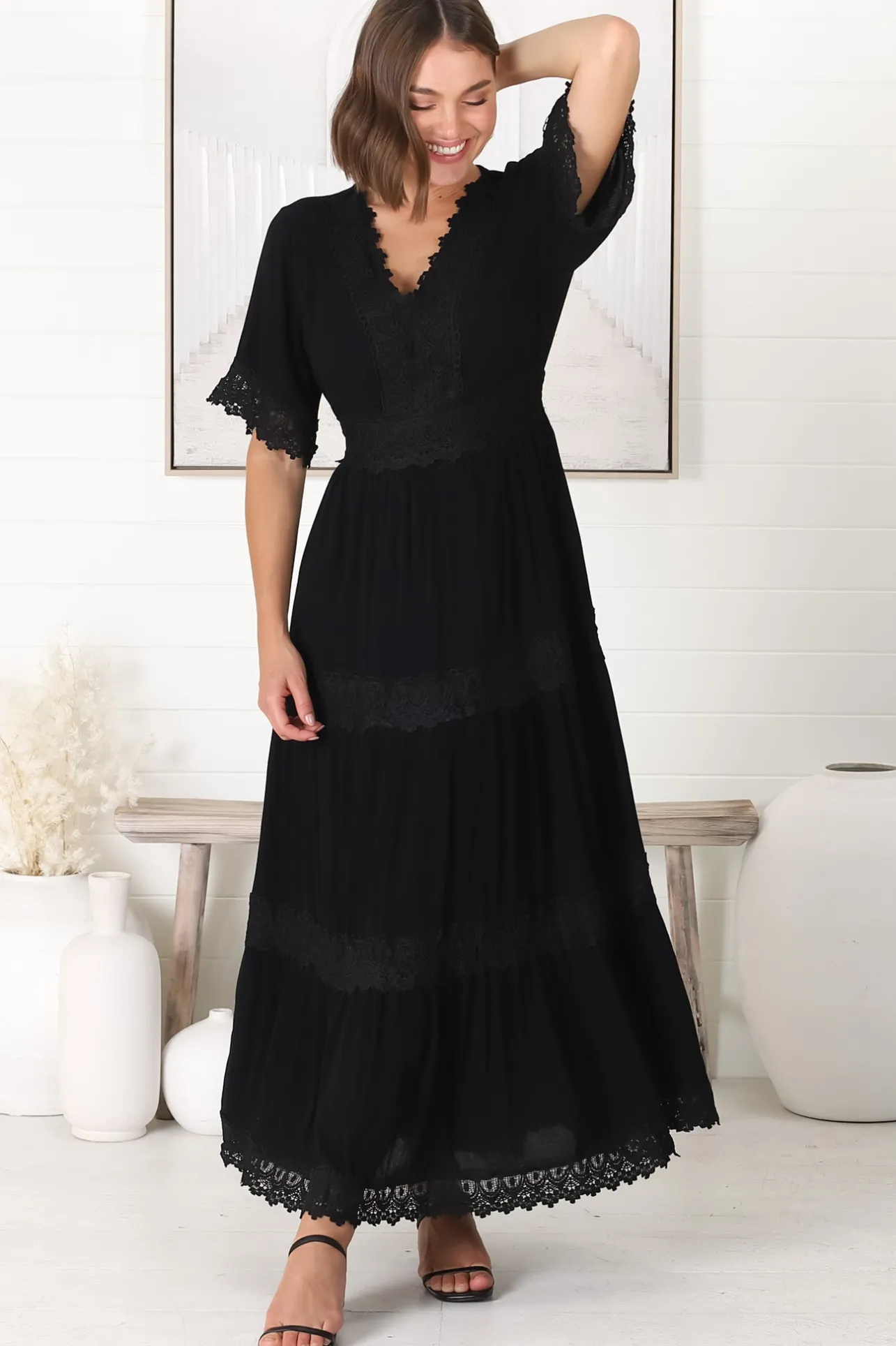 Peony Maxi Dress - Lace Detailed A Line Dress with Flute Sleeves in Black>Salty Crush