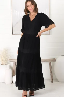 Peony Maxi Dress - Lace Detailed A Line Dress with Flute Sleeves in Black><noscript><img width=