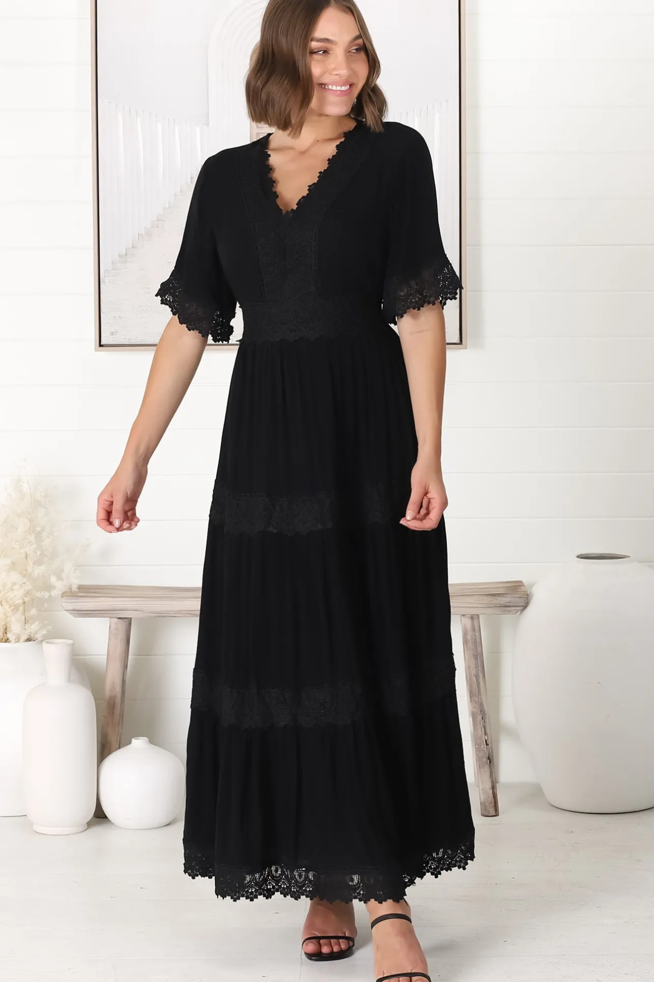Peony Maxi Dress - Lace Detailed A Line Dress with Flute Sleeves in Black>Salty Crush
