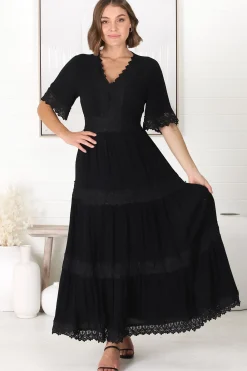 Peony Maxi Dress - Lace Detailed A Line Dress with Flute Sleeves in Black><noscript><img width=