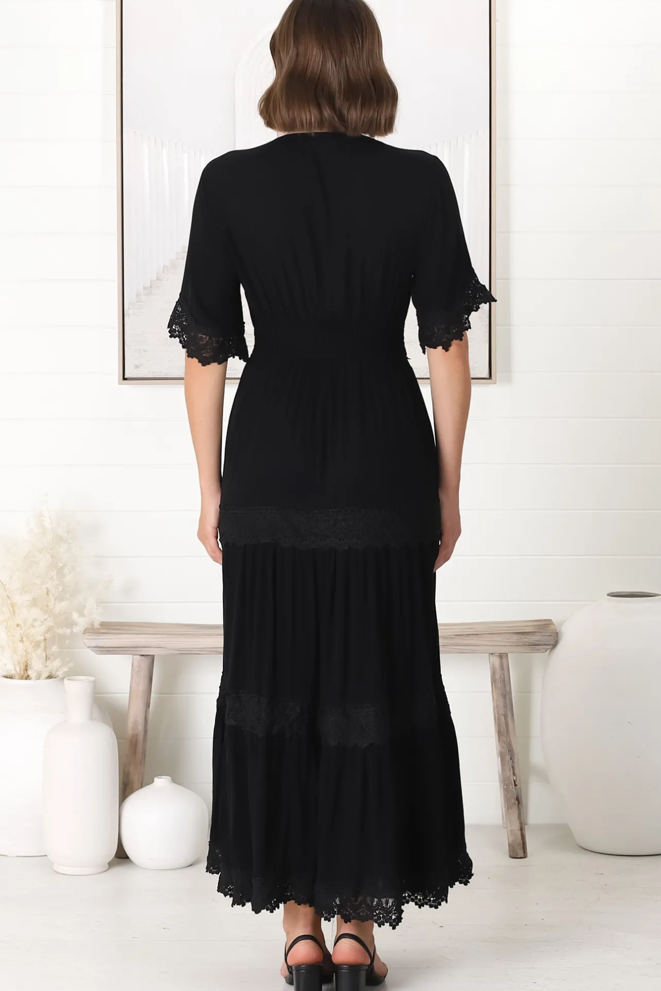 Peony Maxi Dress - Lace Detailed A Line Dress with Flute Sleeves in Black>Salty Crush