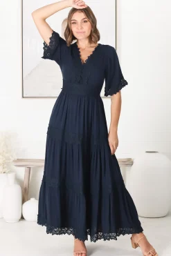 Peony Maxi Dress - Lace Detailed A Line Dress with Flute Sleeves in Navy>Salty Crush New