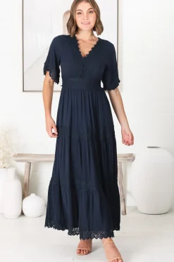 Peony Maxi Dress - Lace Detailed A Line Dress with Flute Sleeves in Navy><noscript><img width=