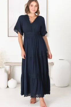 Peony Maxi Dress - Lace Detailed A Line Dress with Flute Sleeves in Navy><noscript><img width=