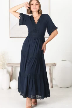 Peony Maxi Dress - Lace Detailed A Line Dress with Flute Sleeves in Navy><noscript><img width=