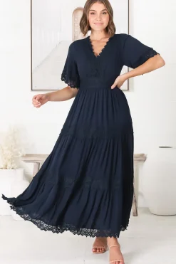 Peony Maxi Dress - Lace Detailed A Line Dress with Flute Sleeves in Navy><noscript><img width=