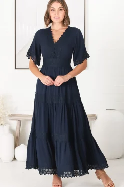 Peony Maxi Dress - Lace Detailed A Line Dress with Flute Sleeves in Navy><noscript><img width=