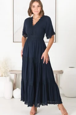 Peony Maxi Dress - Lace Detailed A Line Dress with Flute Sleeves in Navy><noscript><img width=