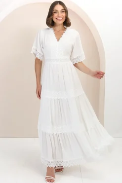 Peony Maxi Dress - Lace Detailed A Line Dress with Flute Sleeves in White>Salty Crush New