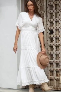 Peony Maxi Dress - Lace Detailed A Line Dress with Flute Sleeves in White><noscript><img width=