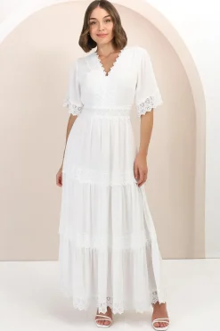 Peony Maxi Dress - Lace Detailed A Line Dress with Flute Sleeves in White><noscript><img width=